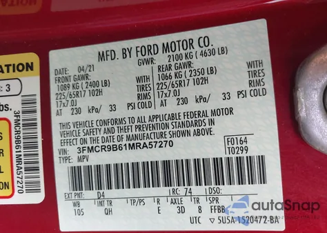 2021 Ford Bronco Sport Big Bend z USA, uszkodzony, nr VIN 3FMCR9B61MRA57270